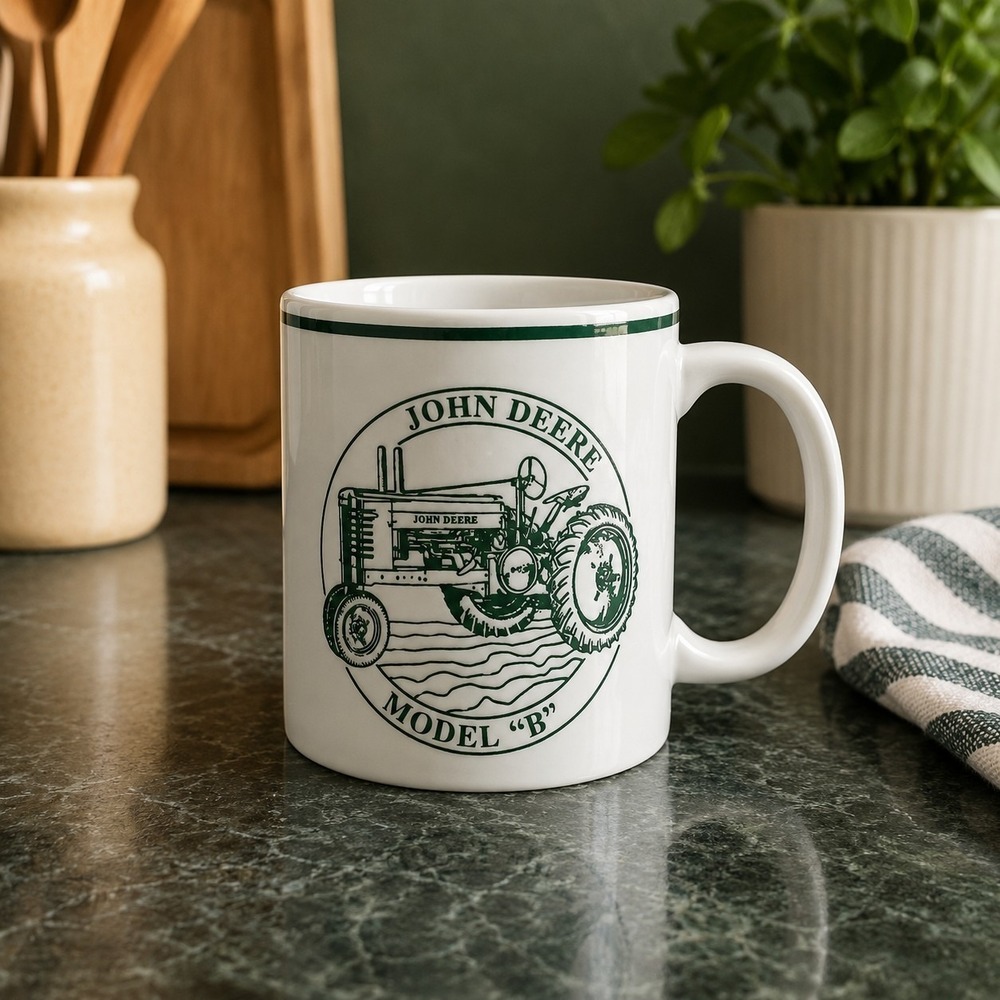 John Deere Model B Tractor History Coffee Cup Mug 12 Oz. White Green Rural Ag